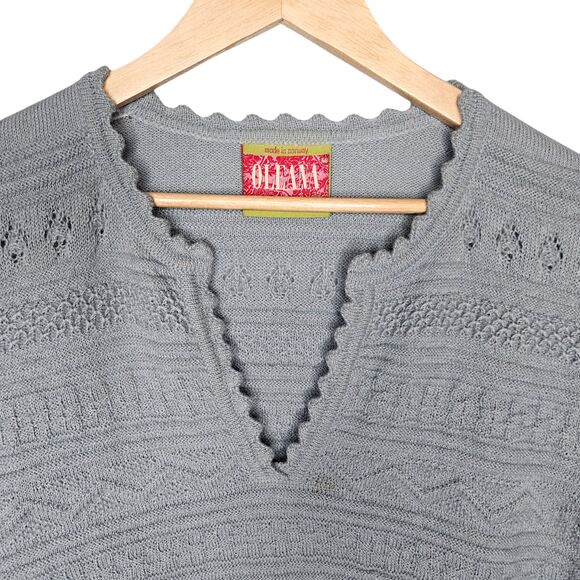 OLEANA Norway Women's Sweater 100% Alpaca Long Chunky Pointelle V-Neck Whimsical - Picture 3 of 11